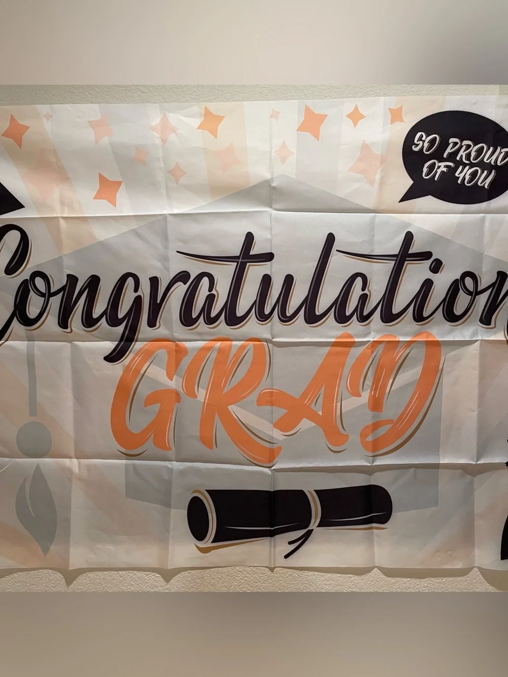 Congratulations Grad Banner - White, Orange, Black Party Decor